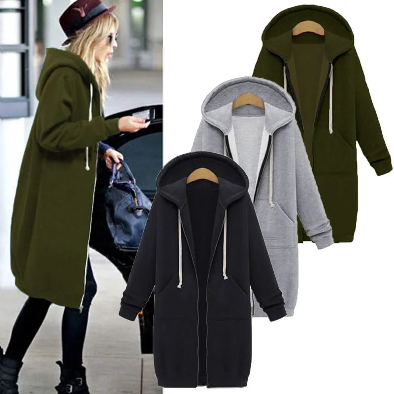 Long Hoodies Women Autumn Winter Oversized Hoodies Long Sleeve Sweatshirt Women Zipper Fashion Outerwear Hooded Printed Nonwoven
