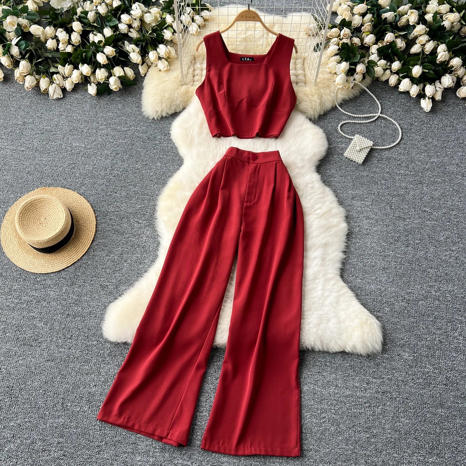 Women's Short Sleeveless Vest Top Wide Leg Casual Suit Pants Set 2 Piece Suit
