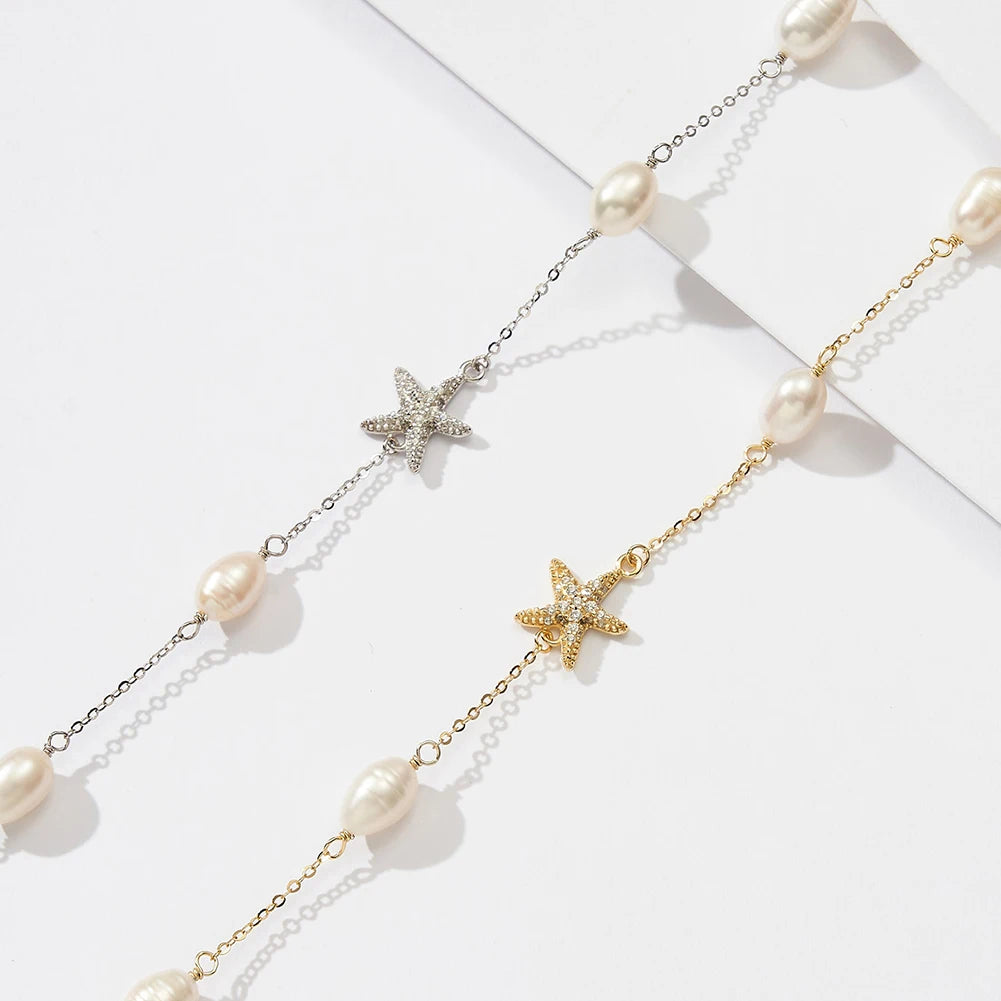 BBQN06 RINNTIN Dainty 925 Sterling Silver Cz Star Charms Cultured Freshwater Pearl Chain Choker Necklaces for Women