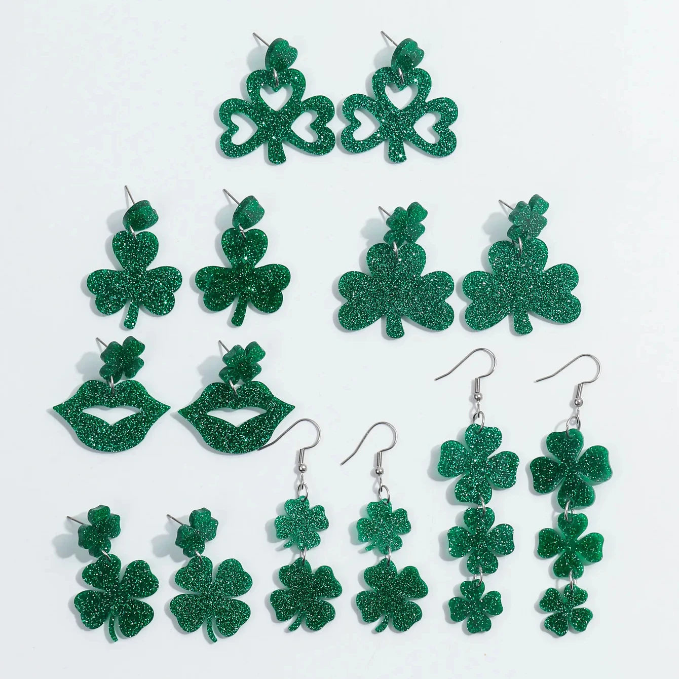 Simple Geometric Cut Jewelry Earrings Green Four-leaf Clover Lucky Accessory Glitter Hollow Exaggerated Lip Resin Long Earrings