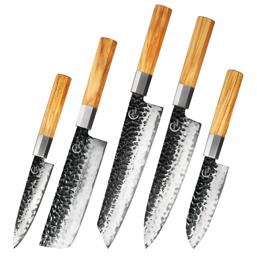 Grandsharp Handmade Kitchen Knife Set Japanese AUS10 Steel Chef Santoku Nakiri Utility Kiritsuke Knices Sets Olive Wood Handle