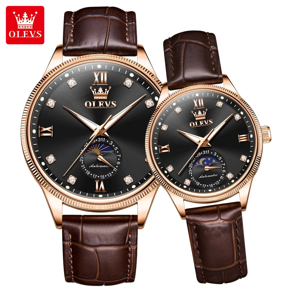 OLEVS 7039 Odm Classic Business Oem Custom logo Genuine Leather Moon Phase Automatic Waterproof Lady Mechanical Watch for Men