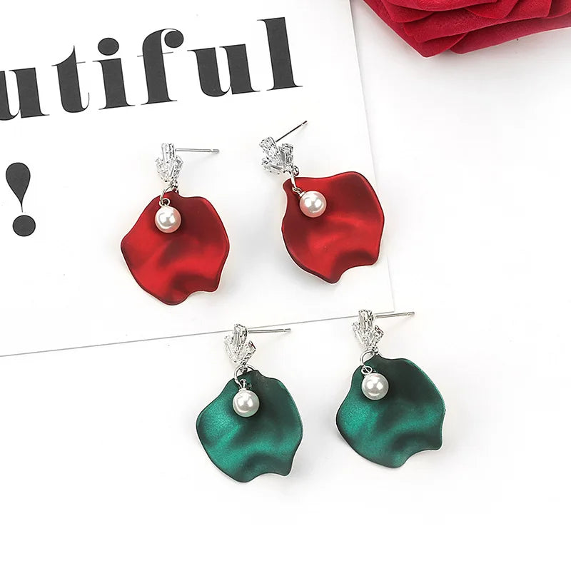 Exaggerated Red Rose Petal Tassel Earrings Retro New Year Bride Silver Needle Women's Earrings Jewelry