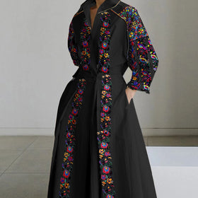 Vintage Bohemian A-Line Maxi Floral Dress Women Long Sleeve V-neck Lapel Flower Printed Pocket Natural Waistline Breathable