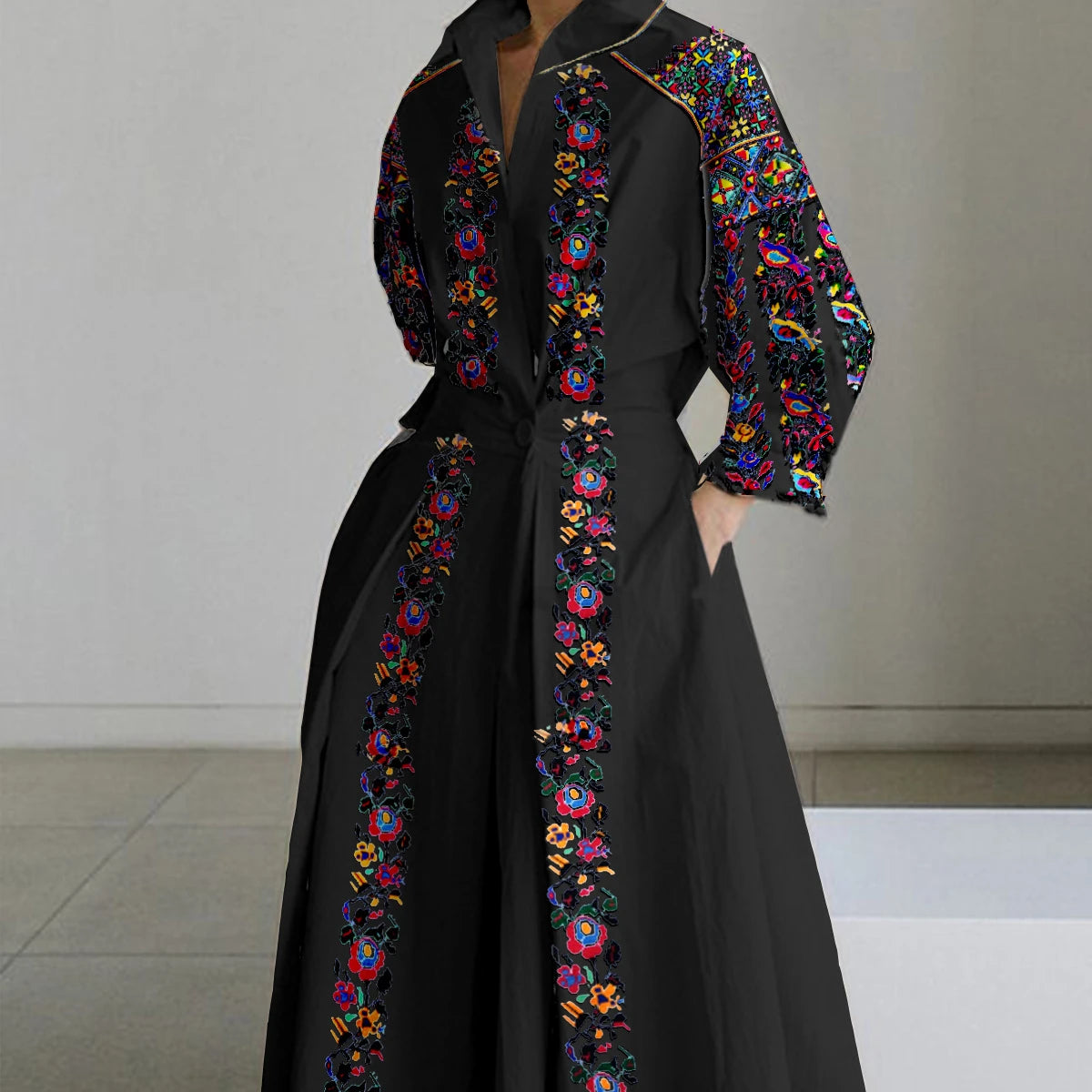 Vintage Bohemian A-Line Maxi Floral Dress Women Long Sleeve V-neck Lapel Flower Printed Pocket Natural Waistline Breathable