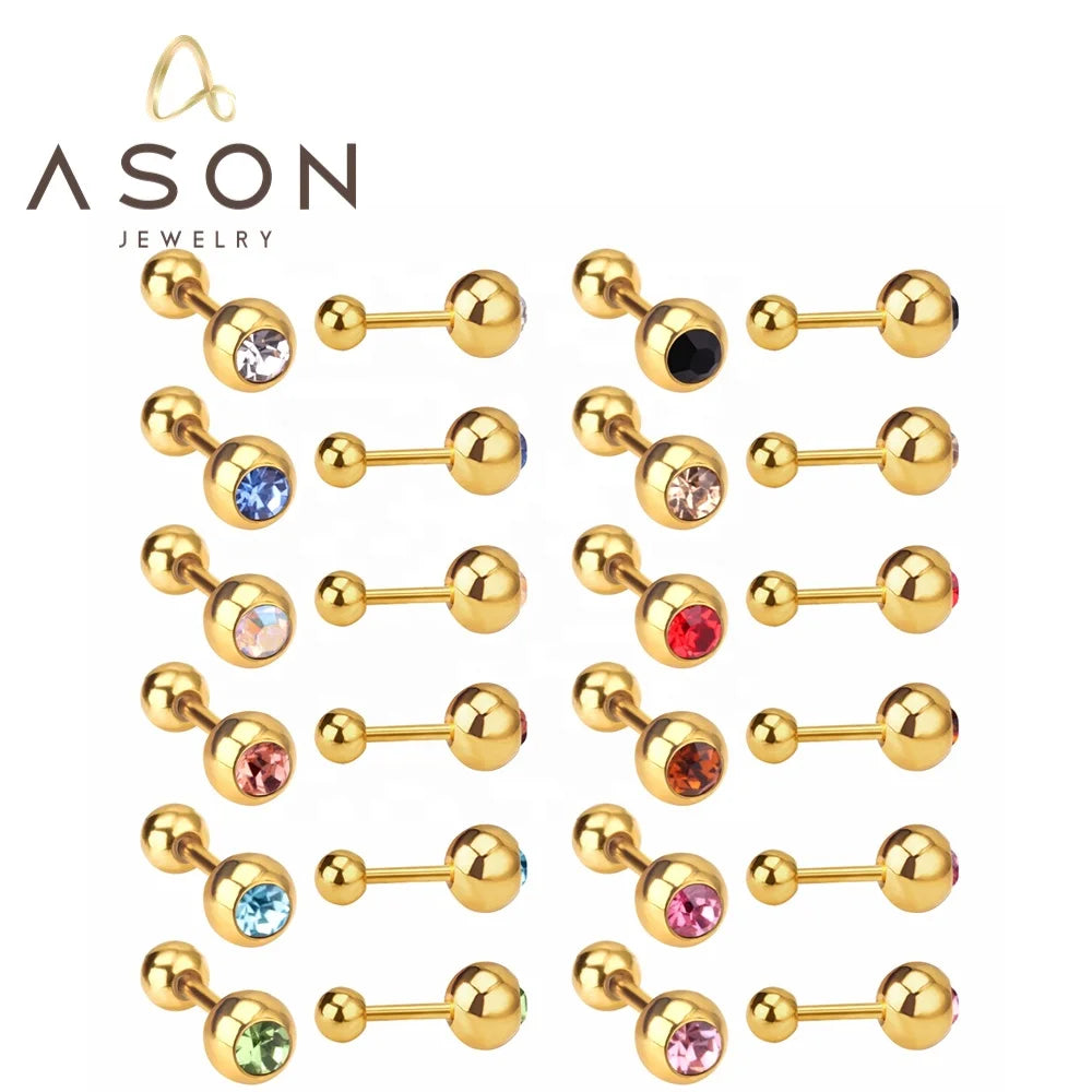 Ason Jewelry Simple Design Stainless Steel Round Zircon Earrings Steel Ball Multi Colored Screw Plug Earrings