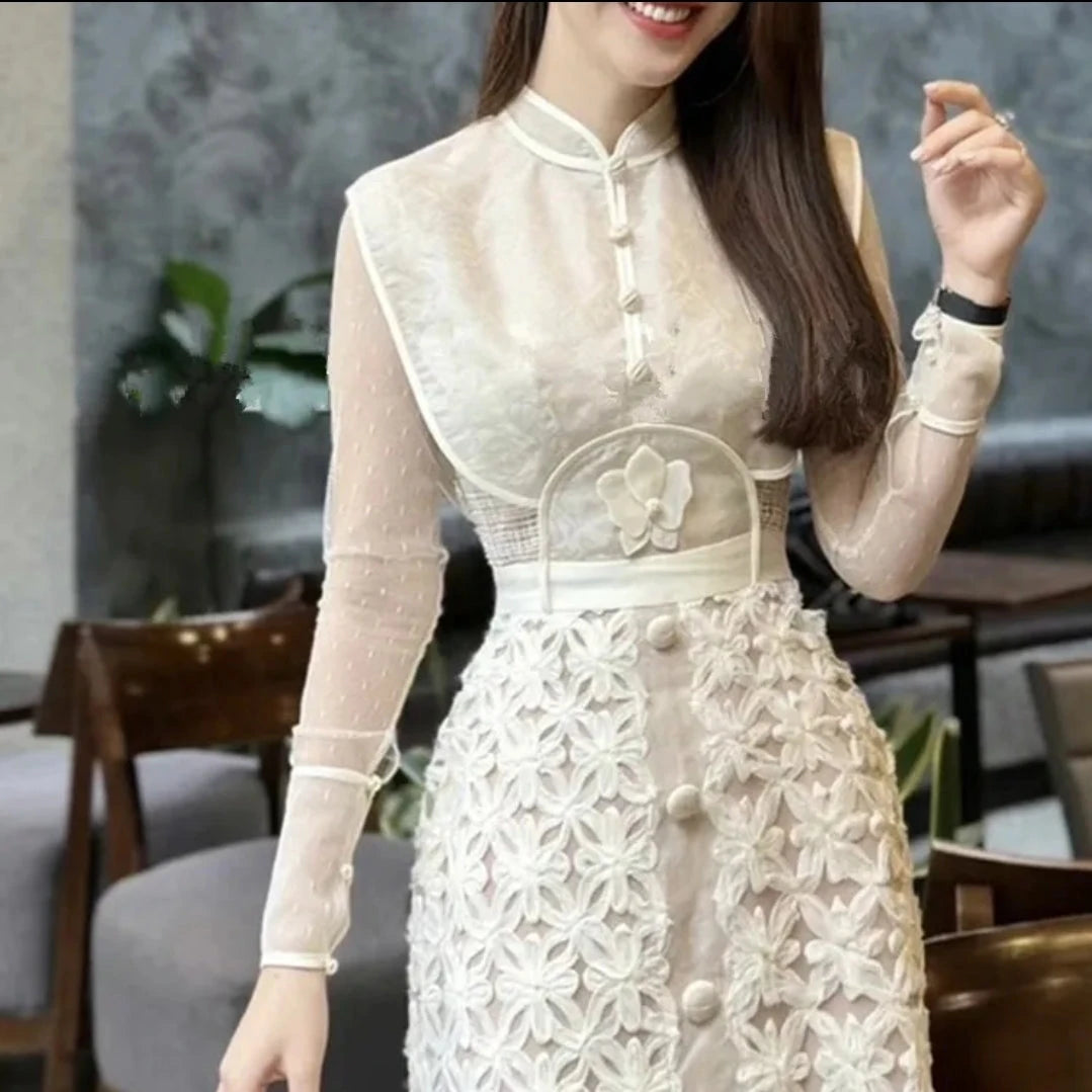 Elegant Soft 3D Ivory Ruffle Cake Dress Fancy Mesh Net Lace Fabric