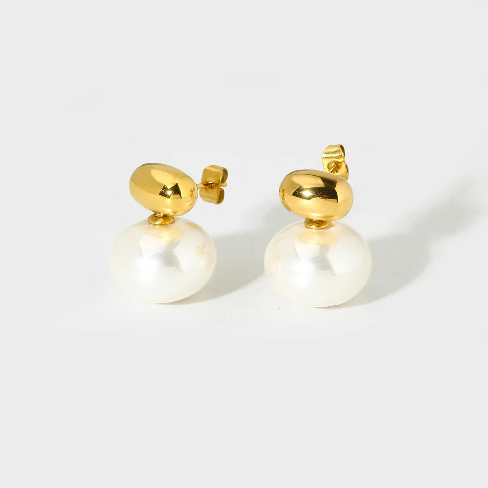 Elegant 18K Gold Plated Stainless Steel Trendy Oval Shaped Imitation Pearl Geometric Stud Earrings for Women Wedding Party Gift