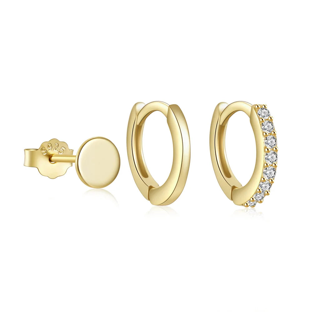 Fashion Earrings Set Jewelry 925 Sterling Silver Plain Round Circle Full Diamond Gold Plated Stud Hoop Earrings for Women