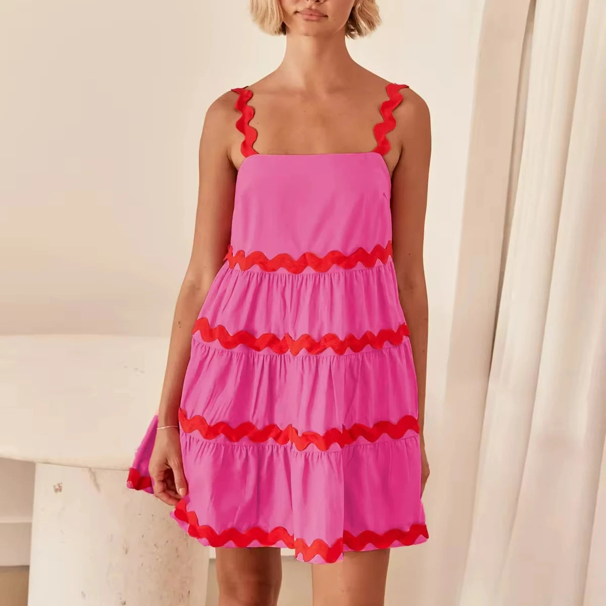 Enyami S-XL Boheme Summer Holiday Cute Women Waves Lines Patchwork Design Sleeveless Slip Cami A-line Mini Dresses