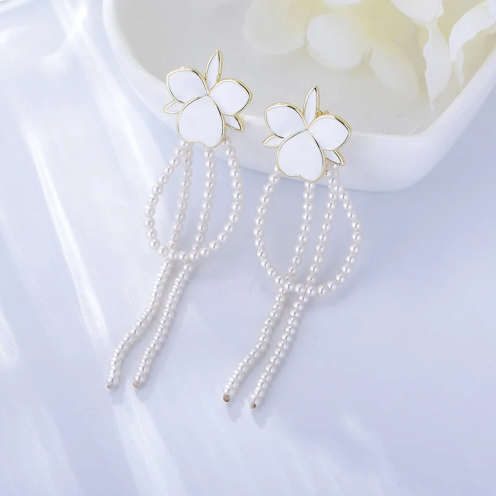 New White Cherry Blossoms  Flower Earrings Brass 18k Gold Plated Imitation Shell Pearl Beads Enamel Chandelier Earrings