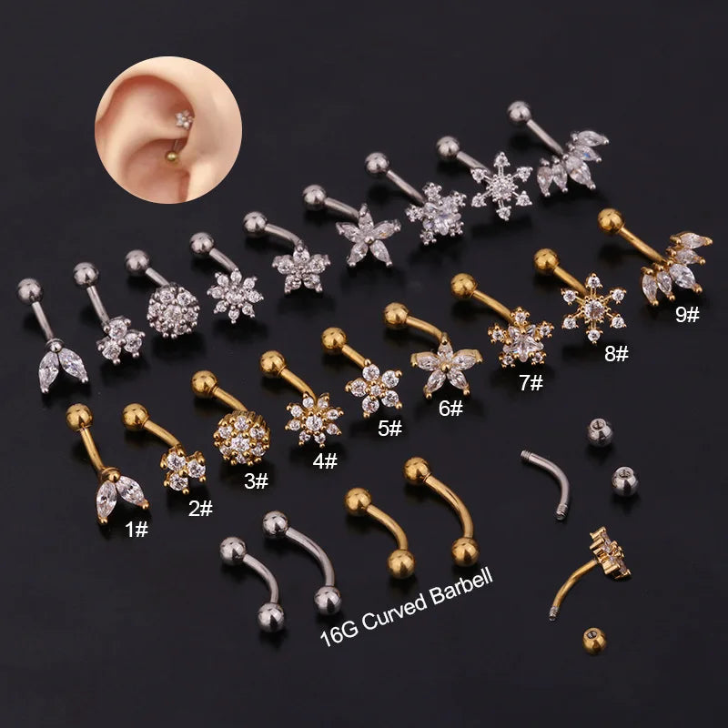 Dainty Stainless Steel Fashion Jewelry CZ Curved Barbell Flower Helix Daith Rook Piercing