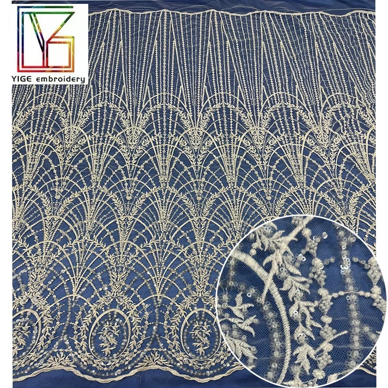 Newest Design Luxury White Tulle Mesh Embroidery Sequins Beaded Fabric Bridal Lace Fabric