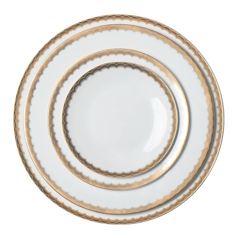 High Quality Gold Wave Rim Round Dinning Dinner Plate Set White Porcelain Design Ceramic Dinner Sets