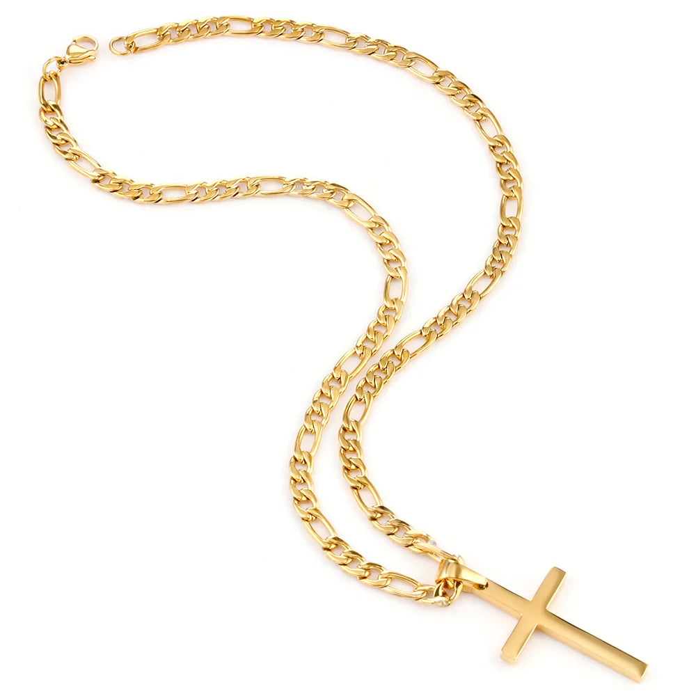 OUMI Factory Wholesale 316L Stainless Steel 18K Gold Plated Christian Chain Cross Pendant Necklaces for Men