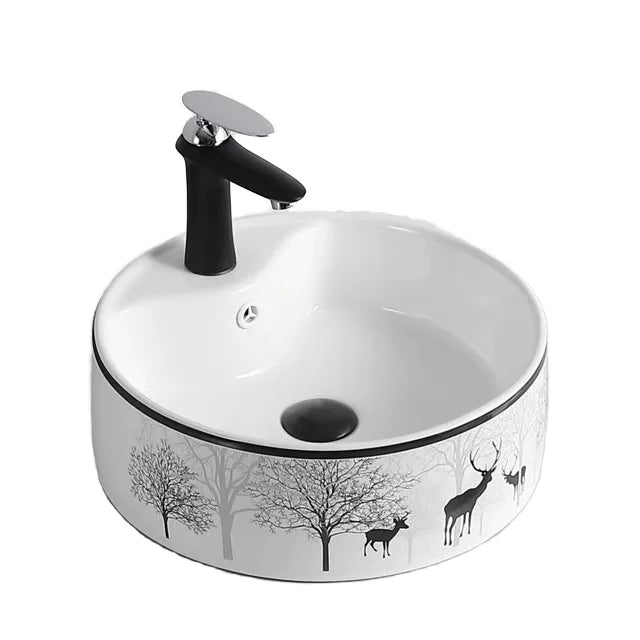 Luxury Modern Design Round Countertop Ceramic Lavabo Deer Pattern Bathroom Sink Bowl Hand Wash Art Basin