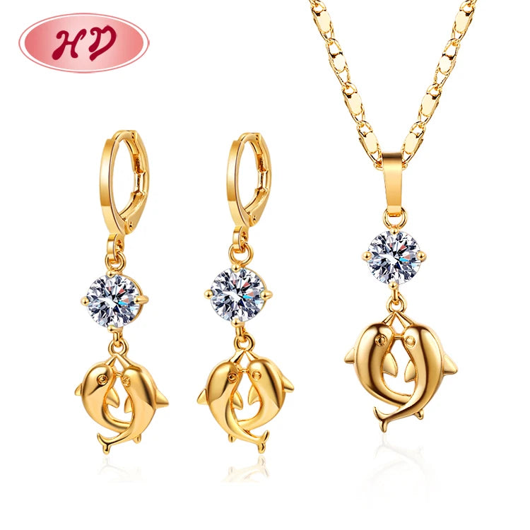 Top Selling Jewelry 2021 Usa Lovely Chic Dainty Dolphin Quality 18k Gold Plated CZ Necklace and Earrings Sets
