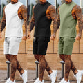 Mens Fashion Summer Pullover Stitching Short Sleeve Shirts Casual Street Style Round Neck Loose T Shirt Set