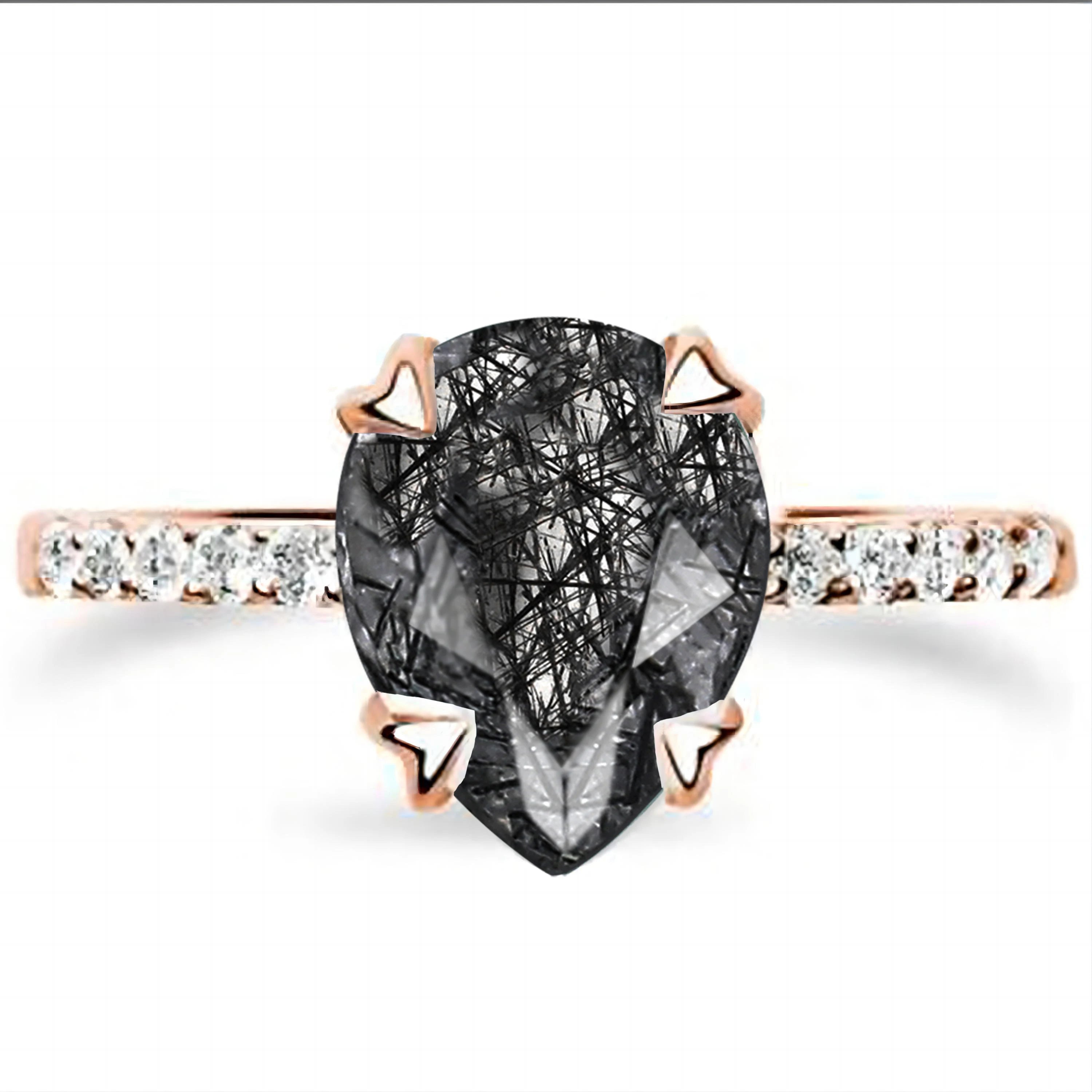 925 Sterling Silver Marquise Cut Ring Band 2PCS Pear Shaped Black Quartz Rutilated Engagement Ring