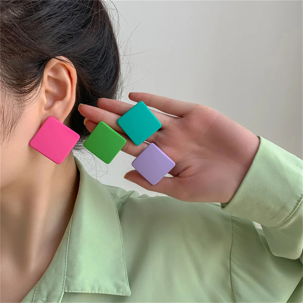 Korean Cheap Fashion Earrings Pink Green Yellow Square Round Earrings Matte Painting Geometric Candy Colorful Acrylic Earrings