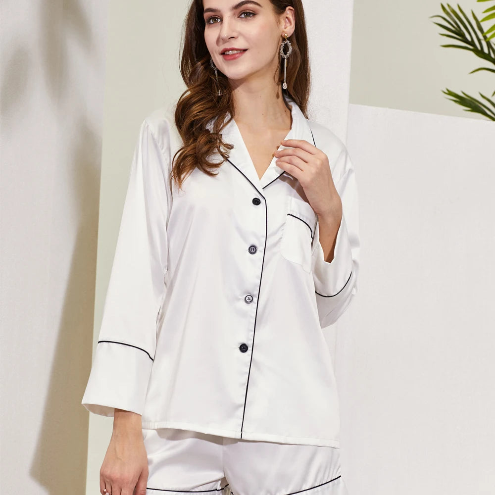 Fung 6002 Multi-colors Available Long Sleeves Pyjamas Silky Satin Wedding Pajamas Set Soft Ice Silk-like Sleepwear for Women