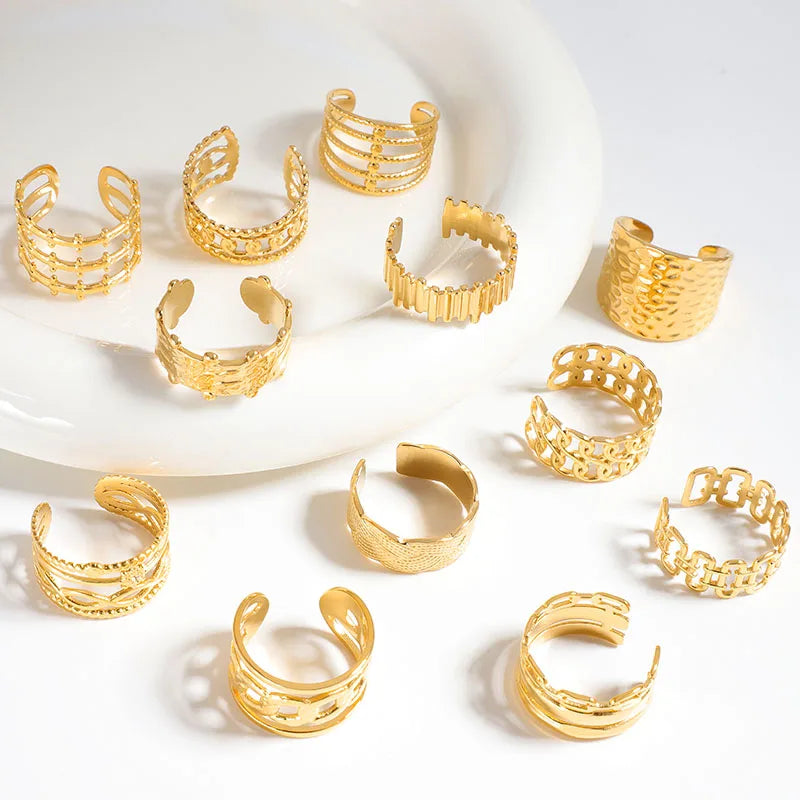 Wholesale Custom Set 18k Gold Plated Fashion Jewelry Open Cuff Adjustable Stainless Steel Finger Chain Rings for Women Girls