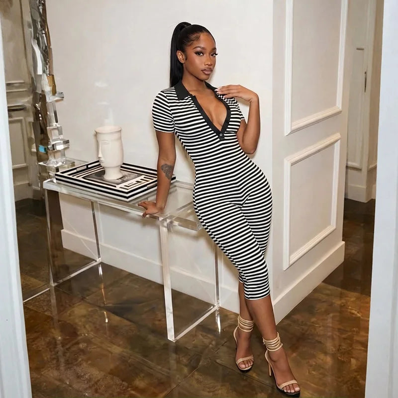 Sexy Summer Women Clothing Stripe Design Short Sleeve Deep V Neck Bodysuit Daily Wear Midi Length One Piece Jumpsuit for Women