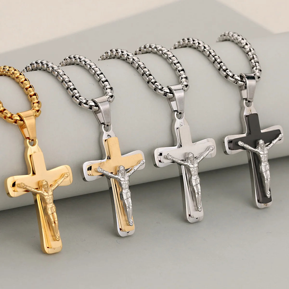MECYLIFE Three Layer Jesus Cross Pendant Necklace Men's Christian Religious Cross Necklace Crucifix Pendant