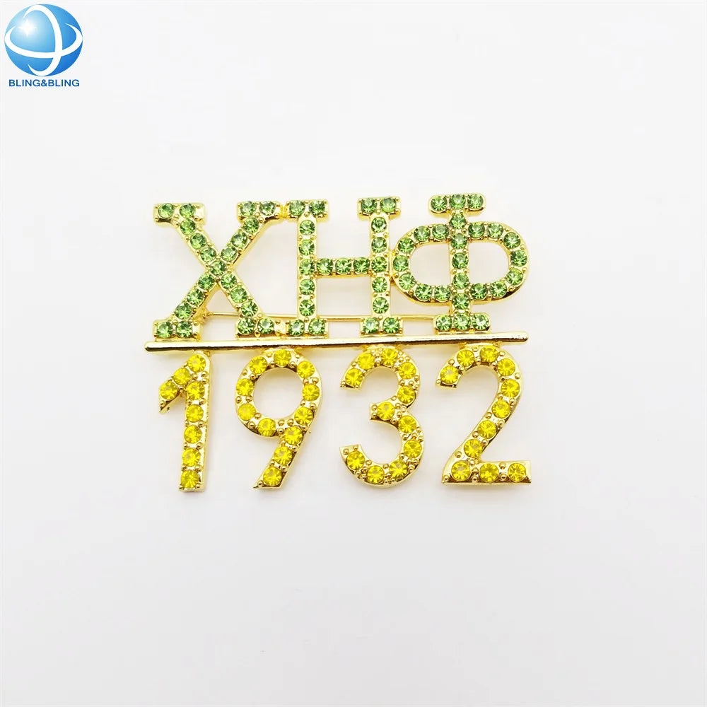 Custom XHO Chi Eta Phi Green Yellow 1932 1923 Phi Jewelry Brooch Greek Sorority Pin
