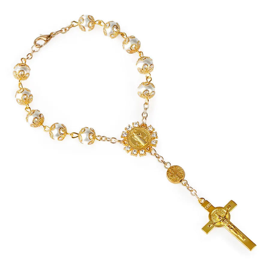 Gold Silver Lace Glass Imitation Pearl Rosary Rosary Bracelet  10mm Cross Beaded Bracelet