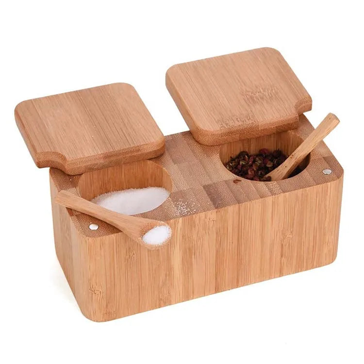 Luxury Square Kitchen Bamboo 2 Swivel Salt Pepper Pot Spice Container Seasoning Box with Magnetic Lid and Mini Spoon