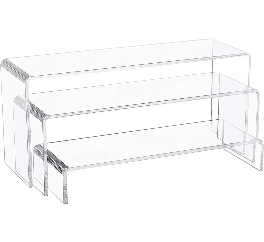3 Piece Large Clear Acrylic Riser Set 10\" X 3.9\" X 3.9\" Display Racks Jewelry Amiibo  POP Figures Cupcakes Food Showcase