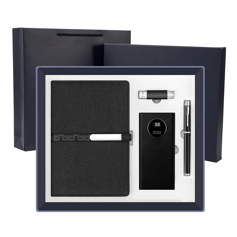 Customized Logo Eco-Friendly 10000mah Power Bank Notebook Pen USB Flash Drive Business Gift Set Promotional Giveaways