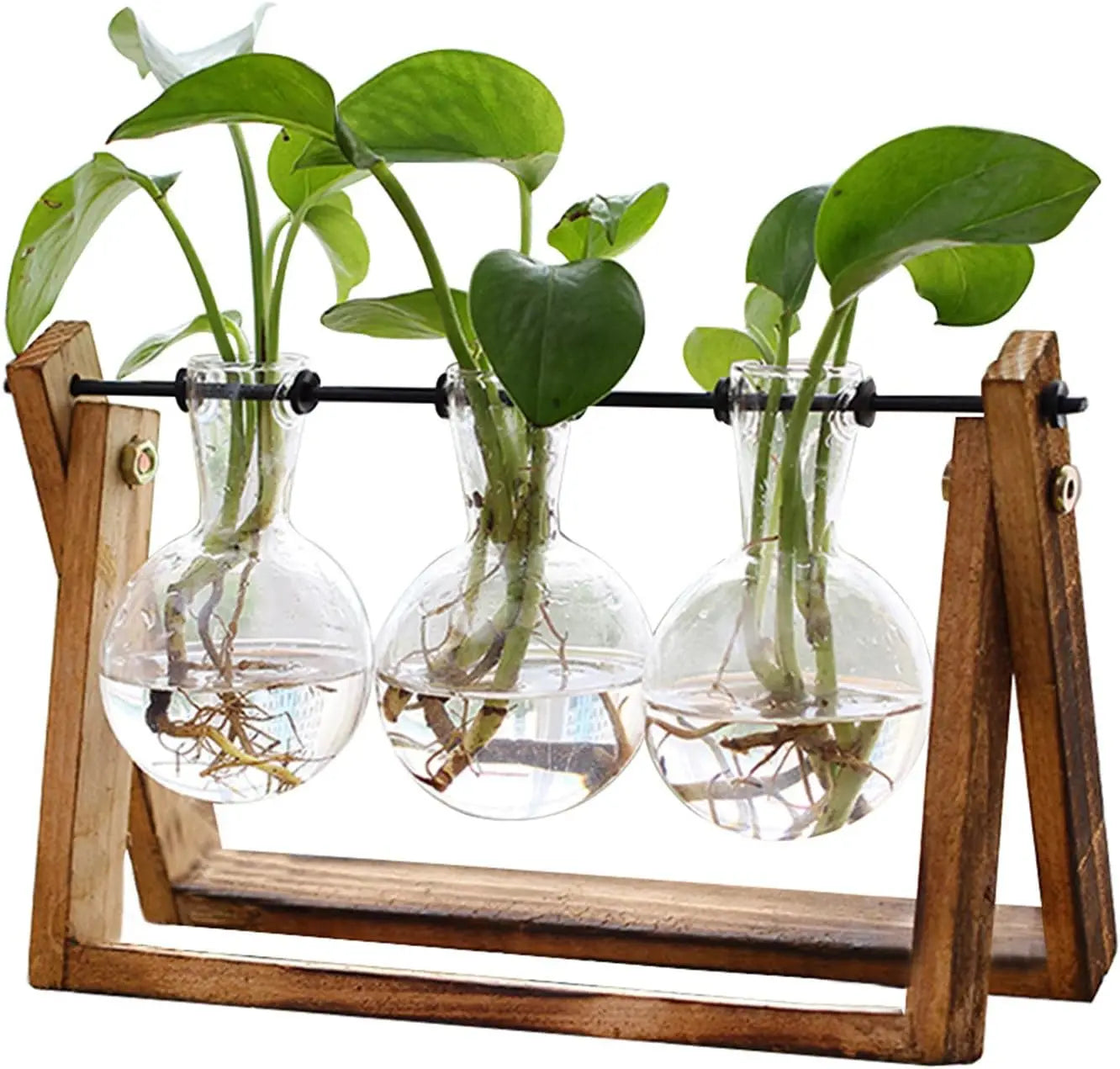 Retro Tabletop Air Planter Bulb Glass Vase Modern Wooden Stand with Metal Swivel Holder Stylish Flower Pots & Planters Terrarium