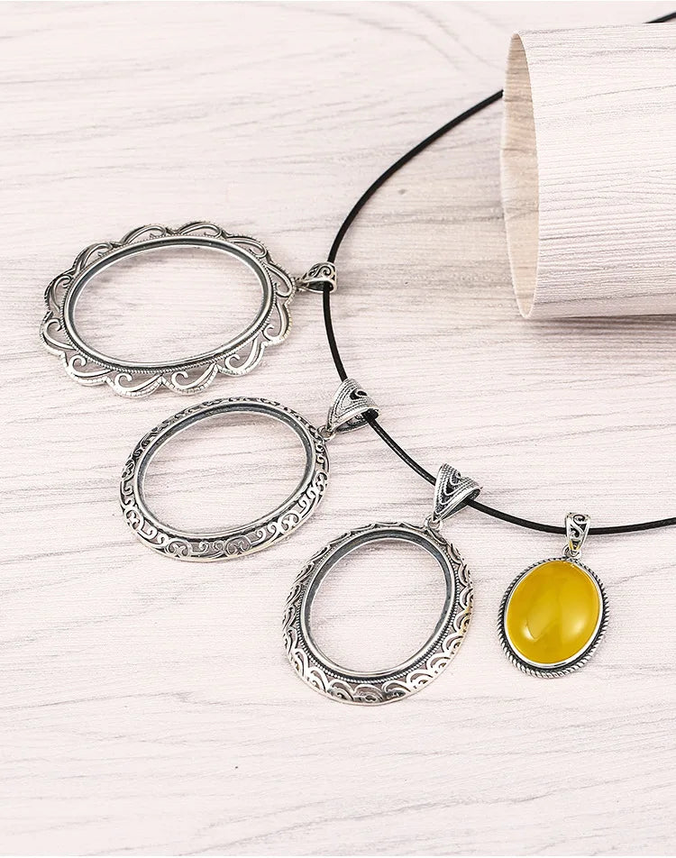 925 Thai Silver Oval Pendant Blank Settings for Diy Amber Wax GemStone Pendant Antique Silver Tray