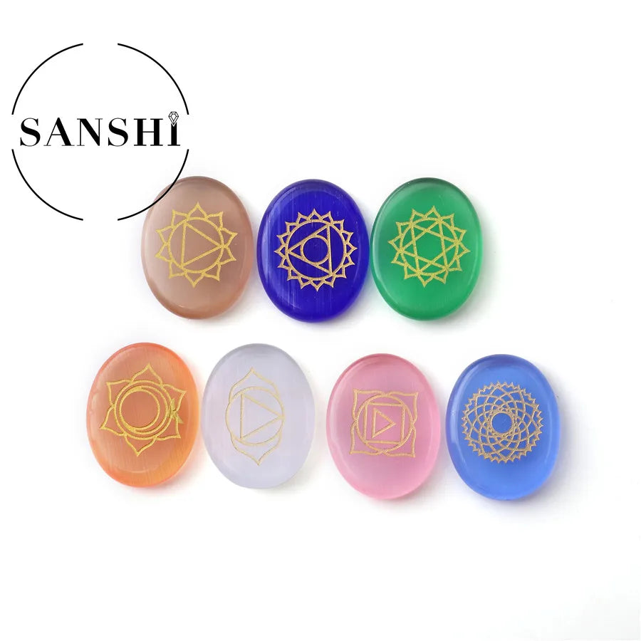 Cat Eye Stone Semi-Precious Gemstone Set with 7 Chakra Symbols Carved Engraving for Yoga Meditation Reiki Mindfulness Healing
