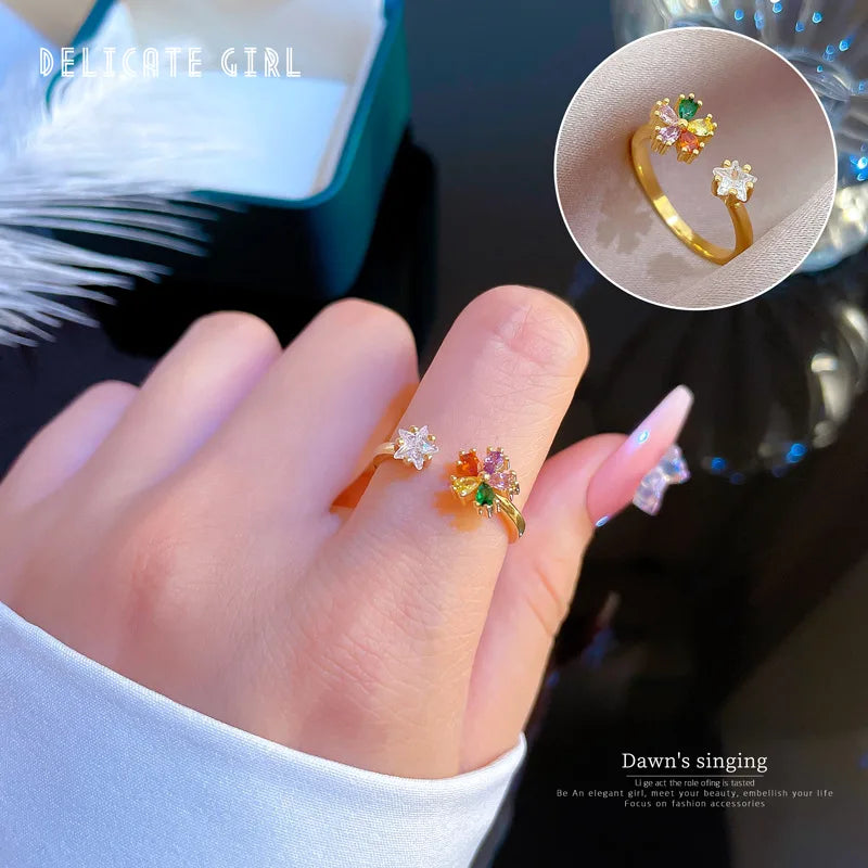 18k Gold Plated Flower Zircon Diamond Inlaid Light Luxury Open Adjustable Rings for Women Wedding Engagement Jewelry