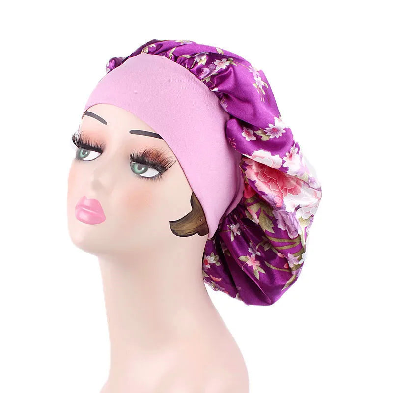 Europe  Custom Logo  Double Layer Wide Band Sleep Hat Braid Silk Satin Bonnets With Long Ties Women Sleep Cap for Curly Hair