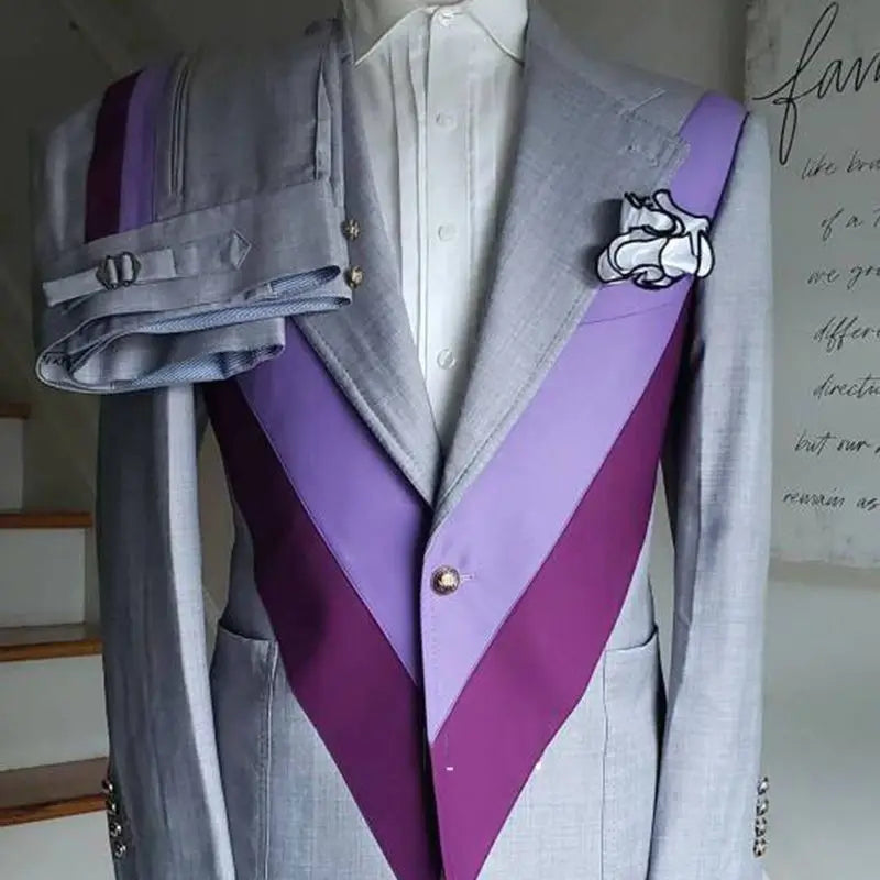 Grey Purple Patchwork Men Suits Large Big Size Tailored Blazer Trousers Men'S Luxury Suit 2pcs Coat Pant XS-6xl Unique Design