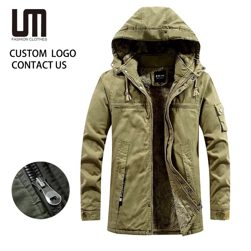 Custom Wholesale Men Winter Coat - Windproof Thick Fleece Hooded Jacket with Thermal Lining (Plus Size Outdoor Casual Jackets)