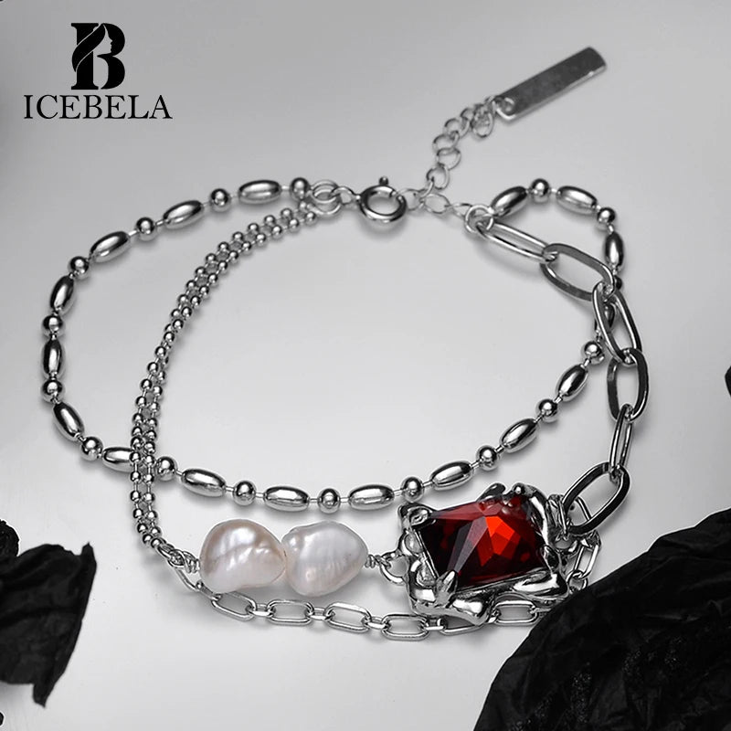 ICEBELA 925 Sterling Silver American Heavy Industry Icebella Fine Jewelry Baroque Pearl Laminated Ruby Bracelet for Girls