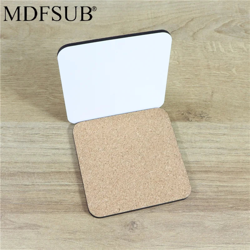 MDFSUB Custom Square100x100m Sublimation Mdf coaster Wood 4mm Thick Glossy White Blank Sublimation MDF Coasters with Cork Back