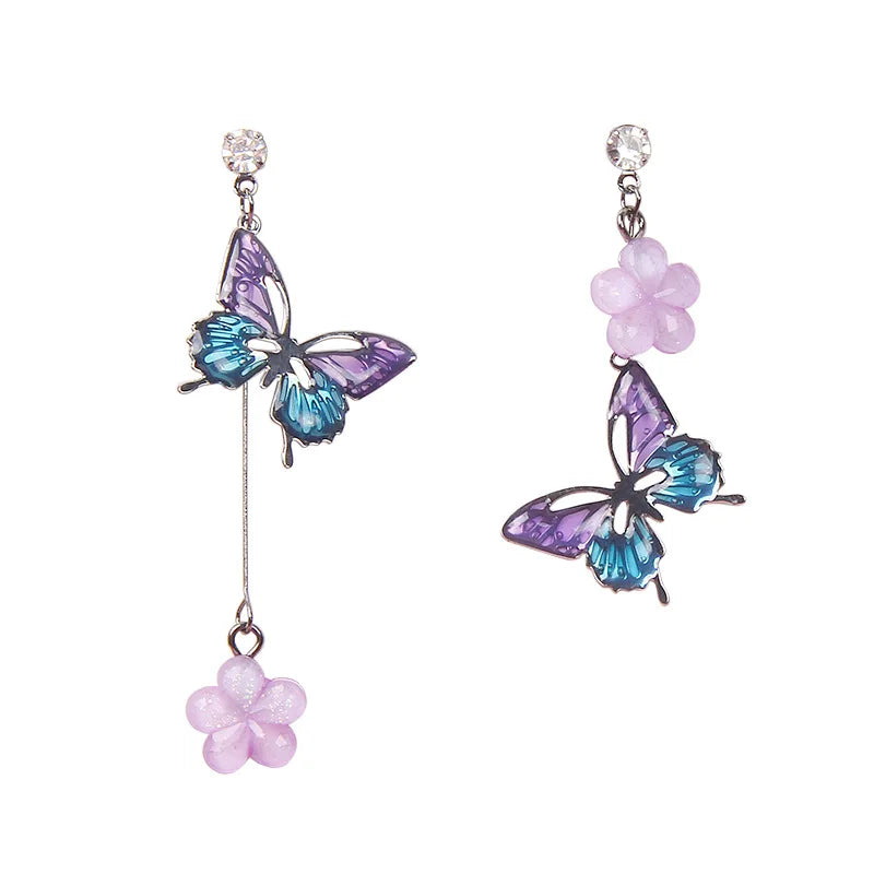 Ins Korean Butterfly Resin Zirconia Drop Earrings for Women Jewelry Wholesale Mismatched Earring