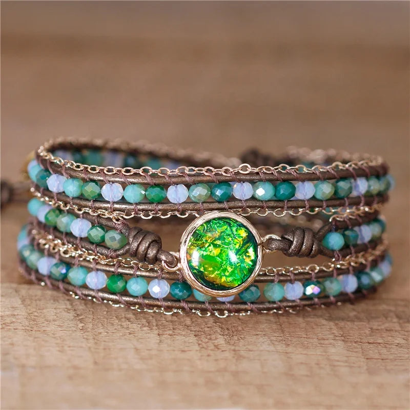 Multilayers 3 Strands Bling Green Crystal Teengirls Opal Charm Beads Leather Wrap Bracelet Bohemian Jewelry Bijoux Wholesale