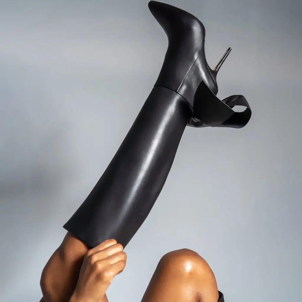 2025 Fashion Wholesale Black Knee Leather High Heel Bow Boots Handmade Stiletto Heel Boots