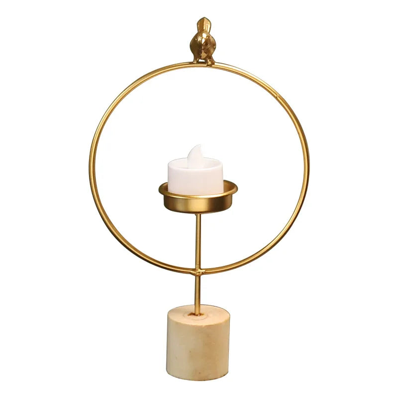 Simple Solid Wood Round Base Metal Bird  Gold Candle Holder for Table Decoration