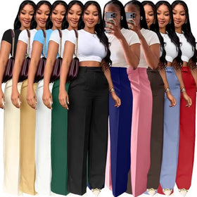 Stigende Wide Leg Straight Dress Pants with Pocket Women Plain Color Business Casual Pants Loose Fit Midi Waist Office Trousers
