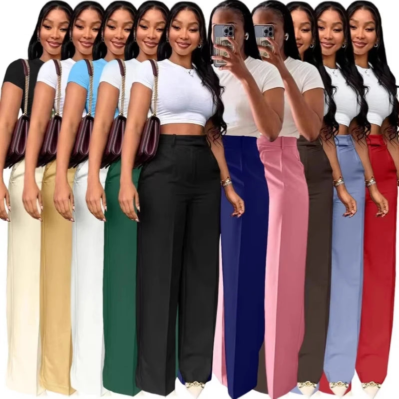 Stigende Wide Leg Straight Dress Pants with Pocket Women Plain Color Business Casual Pants Loose Fit Midi Waist Office Trousers
