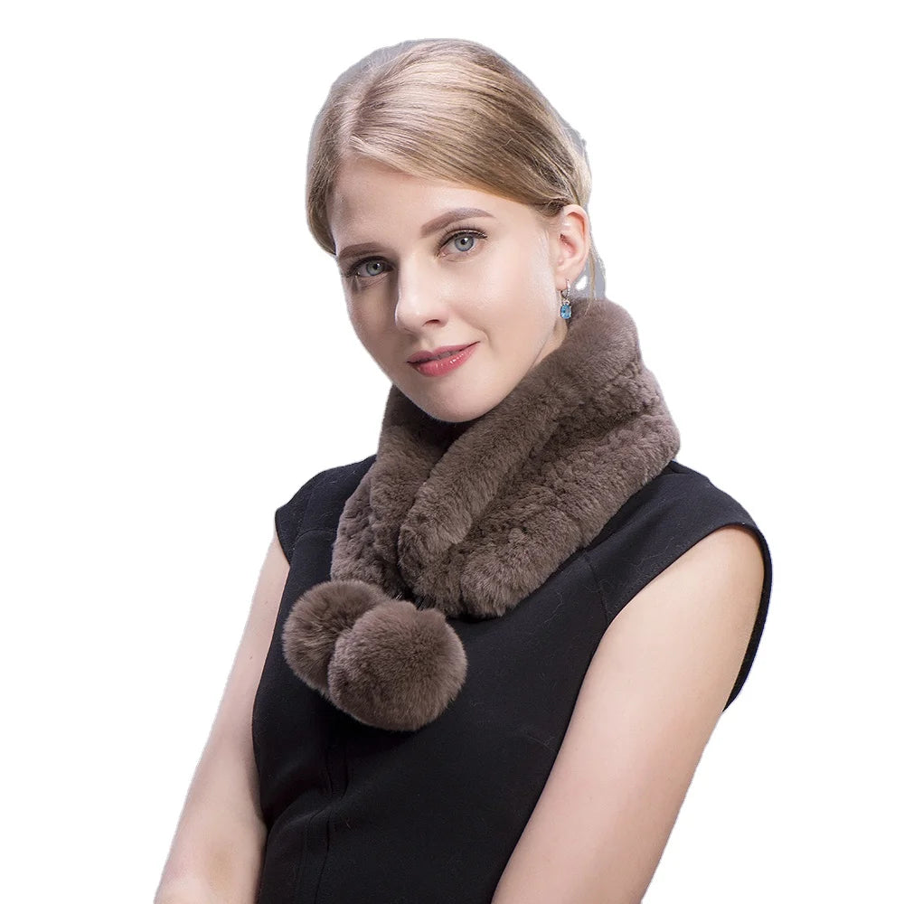 MWFur Fashion Woven Short Style Women Real Rabbit Fur Collar With Pompoms OEM Custom Made Hand Knit Real Rex Rabbit Fur Scarf