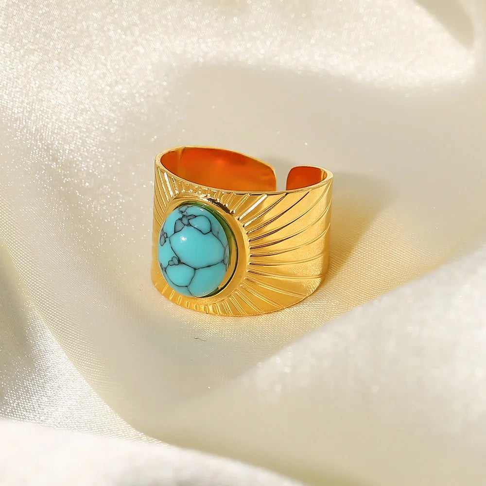 Natural Stone African Turquoise Agate Rope 18K Gold Plated Stainless Steel Fashionable Opening Gemstone Rings Ring